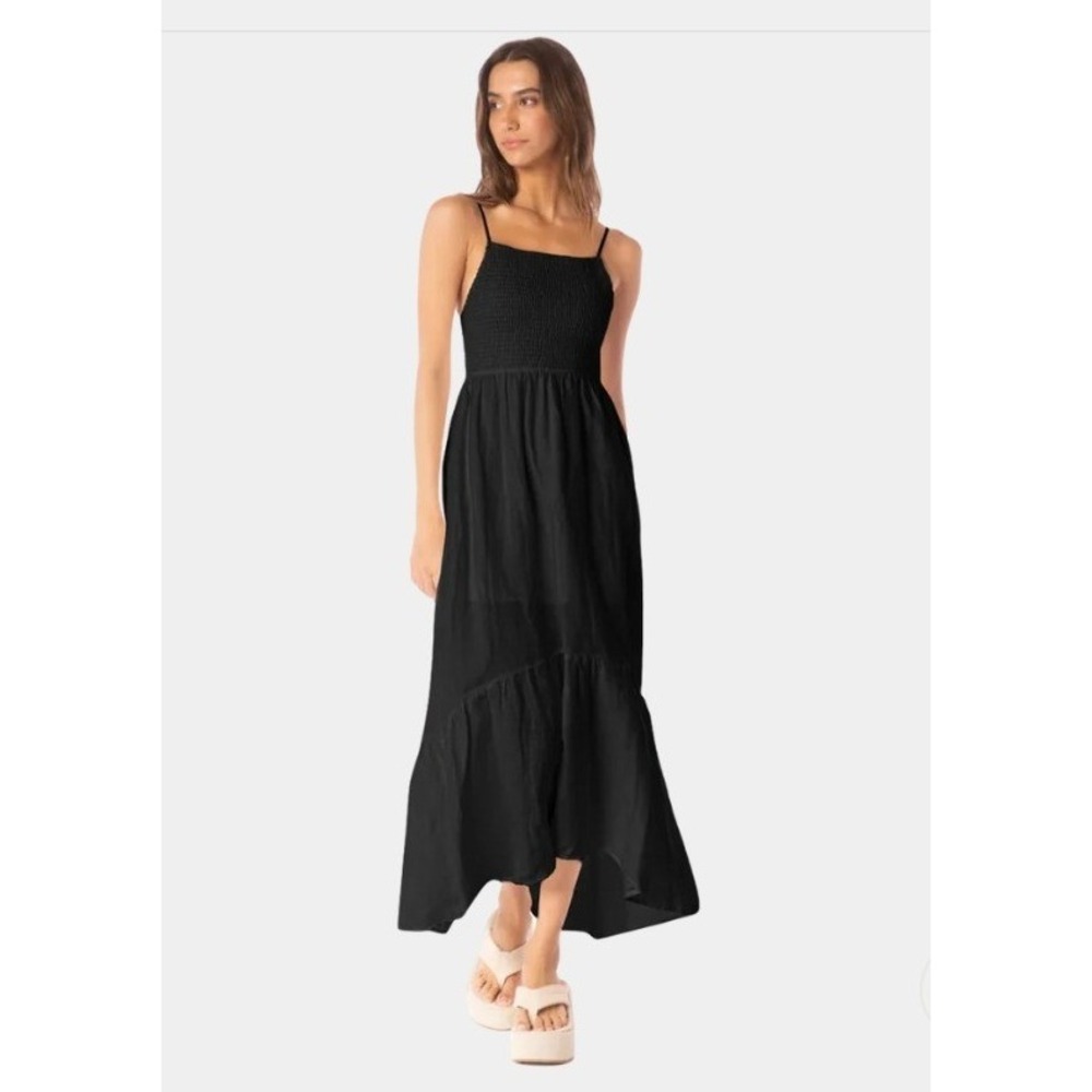 Maaji Isadora Black Linen Smocked Maxi Dress Tiered Ruffle Small